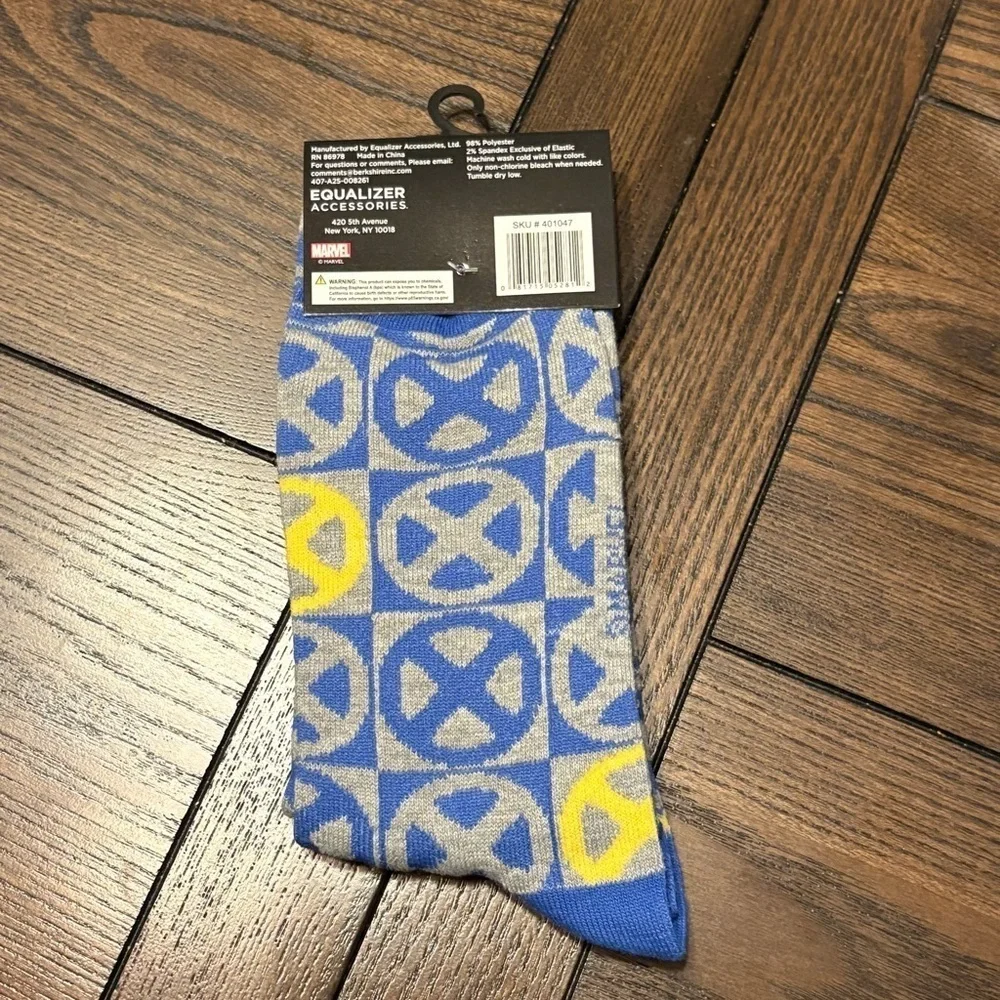 3/$20 Marvel X-Men Crew Socks a Blue Yellow Gray pattern with X-Men 